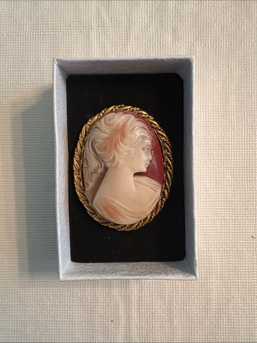 Vintage Cameo Brooch in Cream and Burgundy with Gold Frame